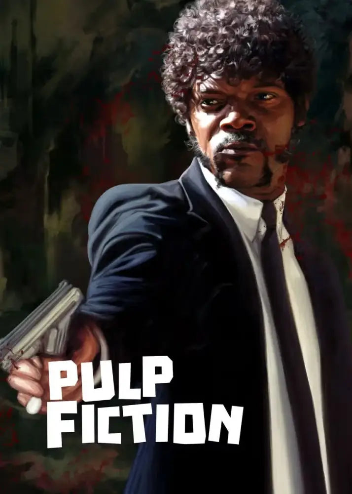 DecorBites™ movie pulp fiction canvas wall art with a man in a dark suit holding a silver handgun pulp fiction canvas