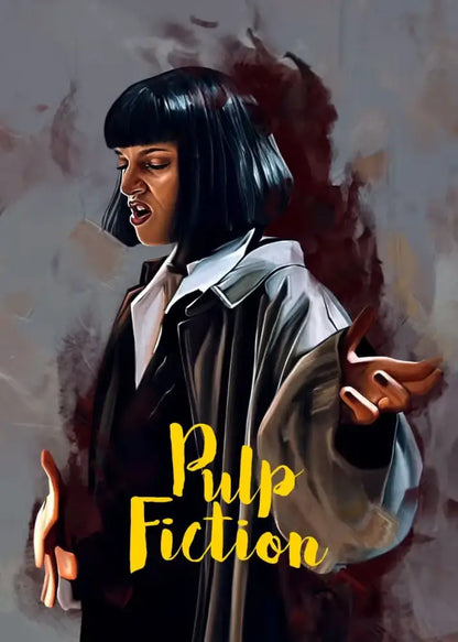 A stylized pulp fiction canvas wall art featuring a woman with short black hair in a dark coat and white shirt