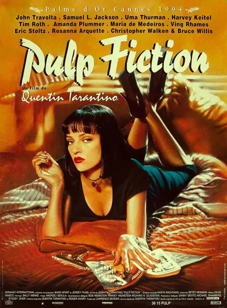Vibrant orange pulp fiction canvas wall art by decorbites featuring uma thurman for 1994 cannes palme dor winner