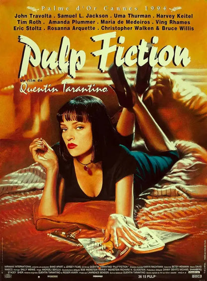 Vibrant orange pulp fiction canvas wall art by decorbites featuring uma thurman for 1994 cannes palme dor winner