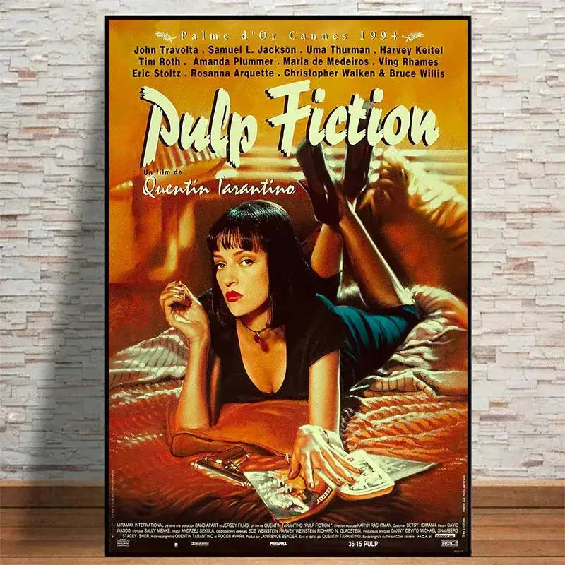 Vibrant orange and yellow decorbites pulp fiction canvas wall art featuring uma thurman reclining surrounded by money