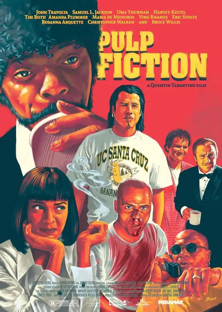 Vibrant red pulp fiction canvas wall art by DecorBites featuring stylized main characters in bold graphic design