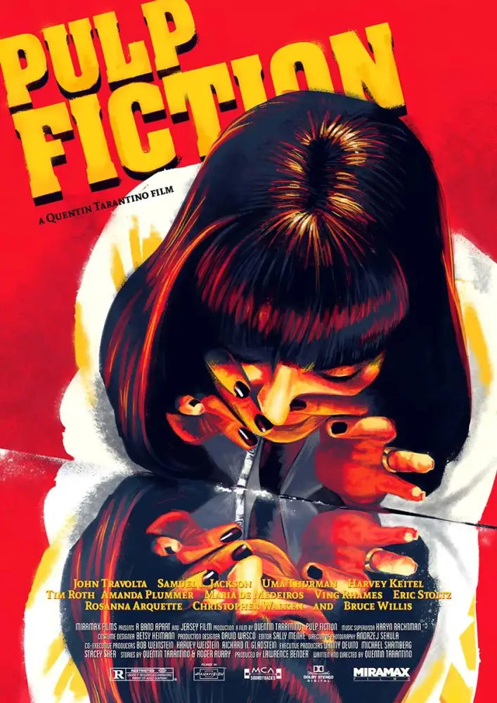 Vibrant red decorbites™ pulp fiction canvas wall art featuring a stylized woman in white hoodie with dark hair