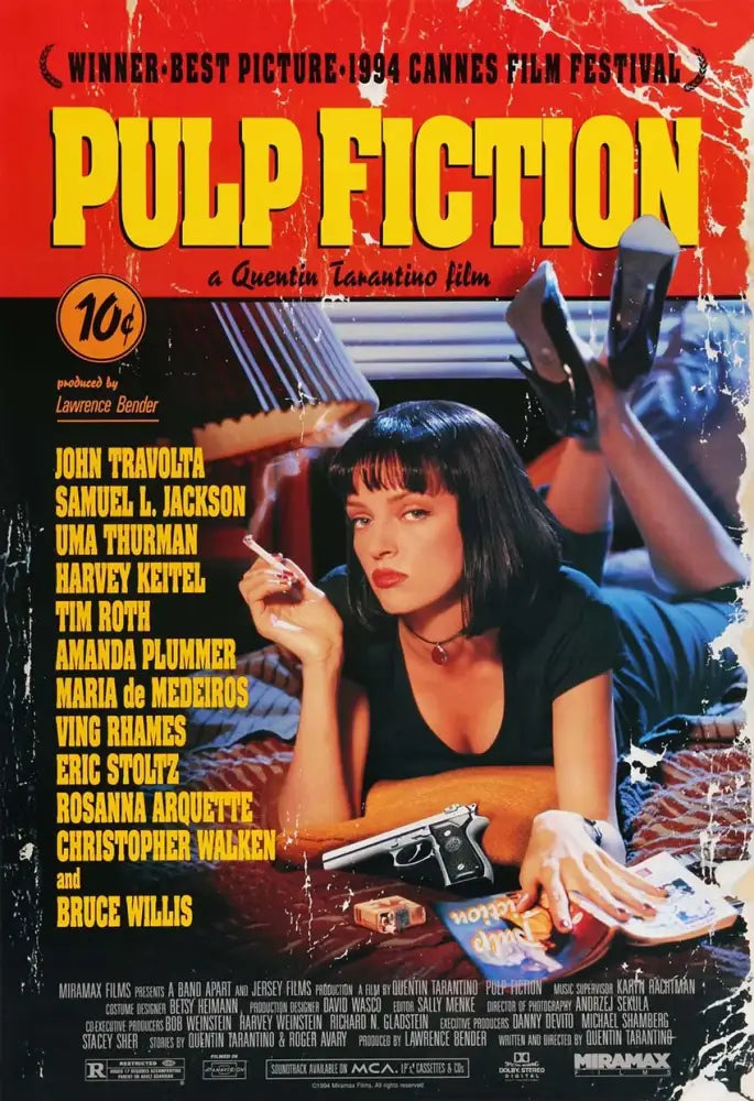 DecorBites™ vibrant red and yellow pulp fiction canvas wall art featuring Uma Thurman in a black dress holding a cigarette