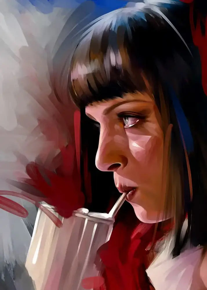 Decorbites™ movie pulp fiction canvas wall art featuring a woman with dark hair sipping from a tall glass