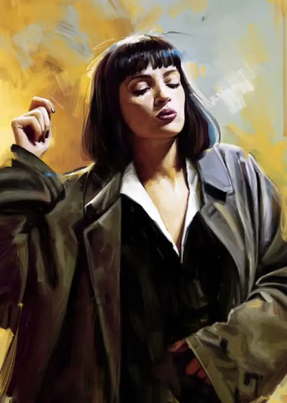 A woman with short black hair and blue bangs in a dark olive-green trench coat on pulp fiction canvas wall art by decorbites