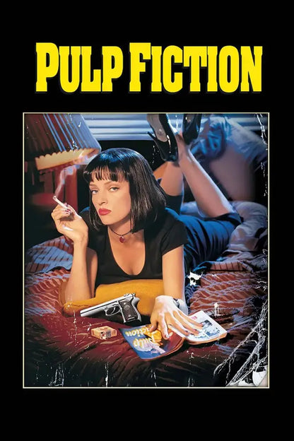 A woman with short black hair and red lipstick lies on a bed holding a cigarette near a silver handgun pulp fiction canvas
