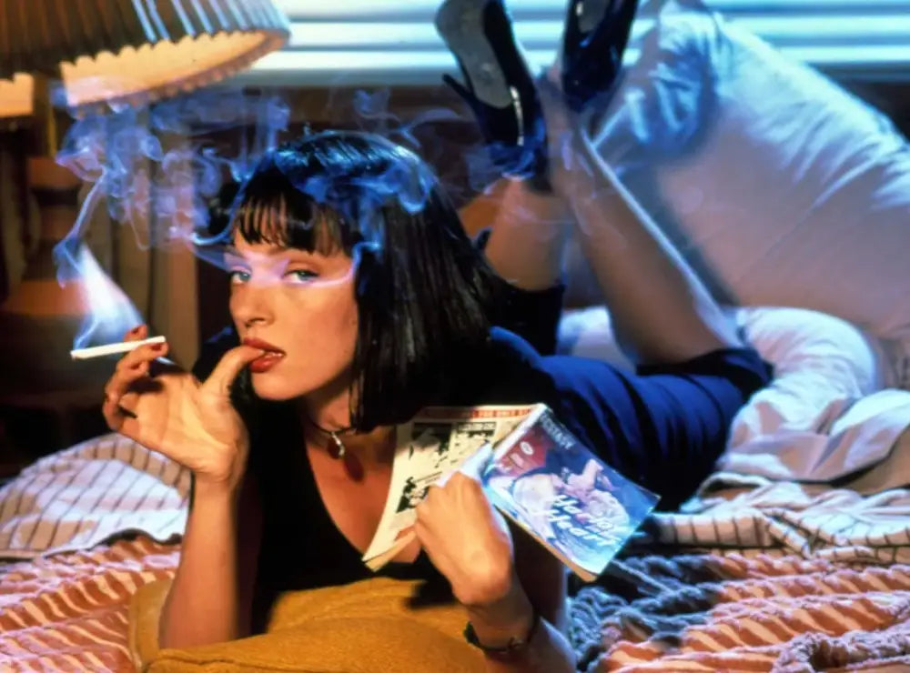 Decorbites™ pulp fiction canvas wall art featuring a woman in dark blue reclining and smoking on a fiction canvas backdrop