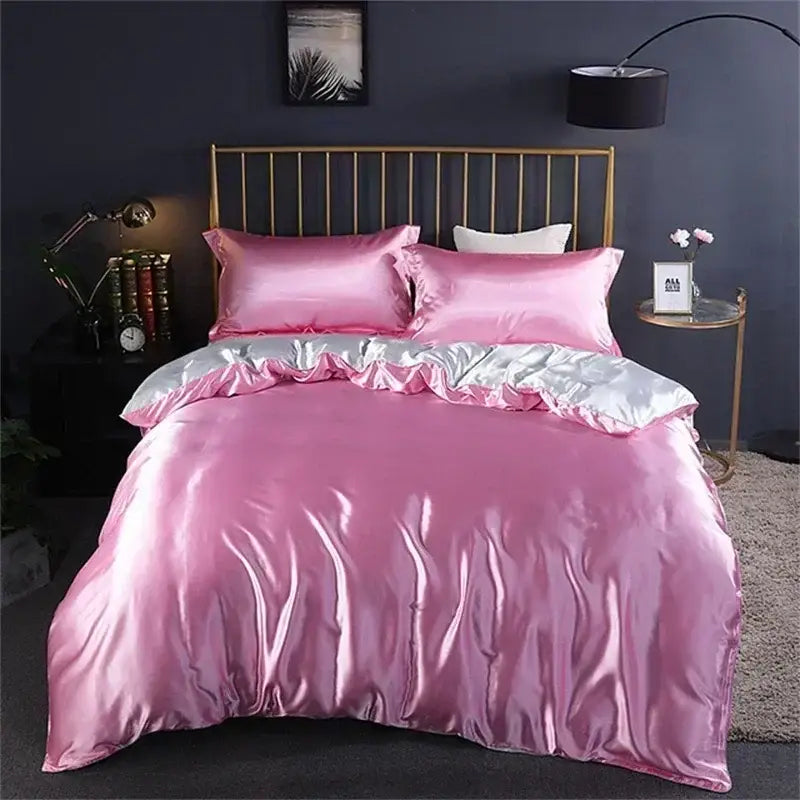Decorbites mulberry silk luxury bedding set with pink satin duvet cover and silver accent trim for elegant bedroom decor