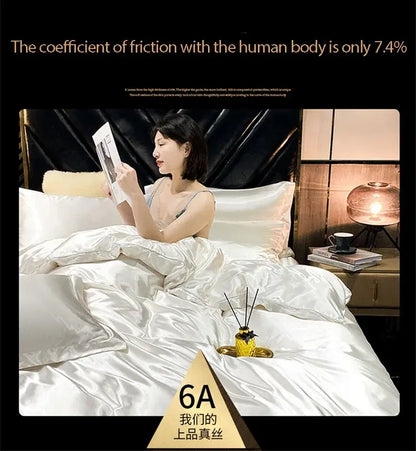 White satin duvet cover with a smooth glossy finish in decorbites™ mulberry silk luxury bedding set