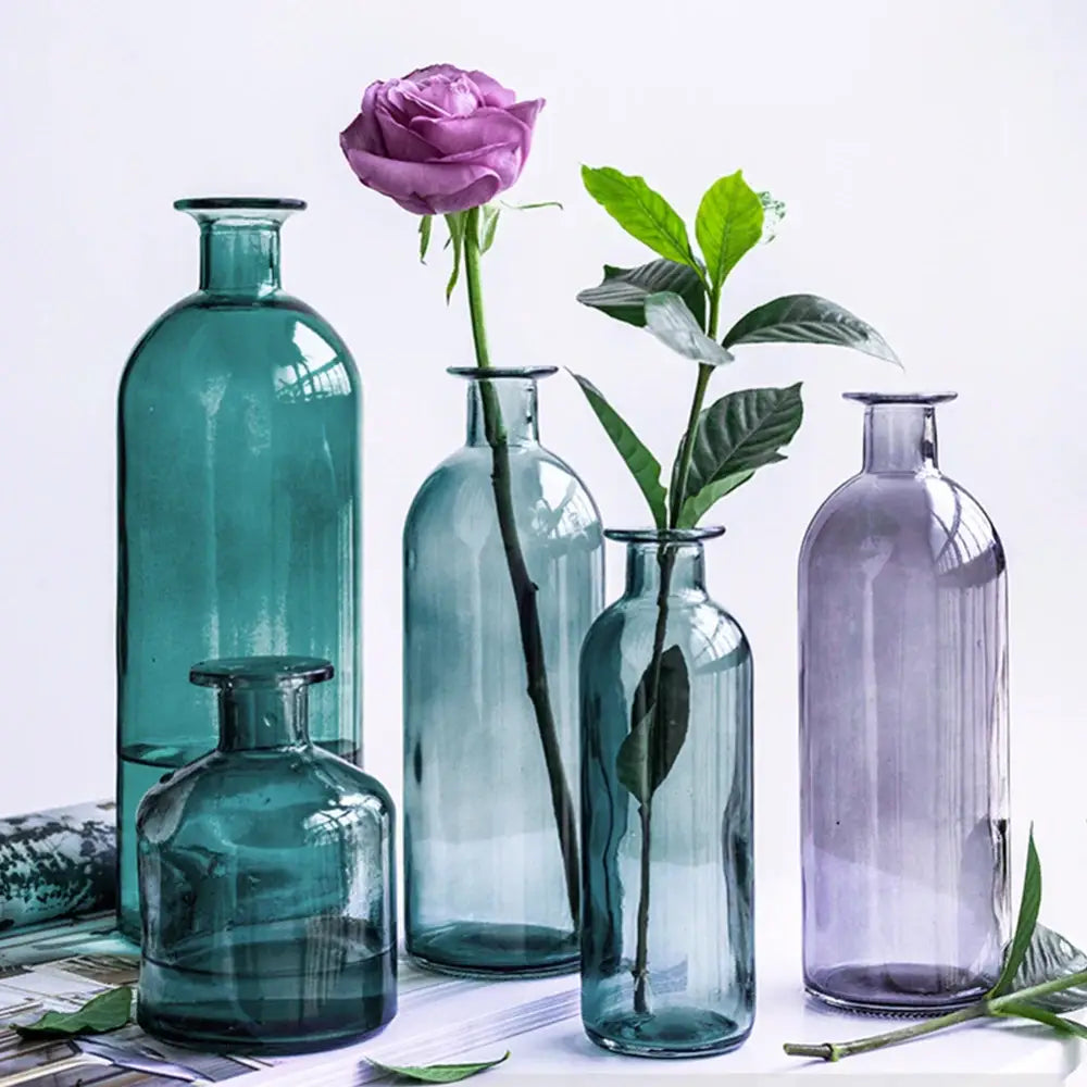 Set of five vintage-style glass vases in teal and lavender with 2cm opening for flower pot or decoration by DecorBites
