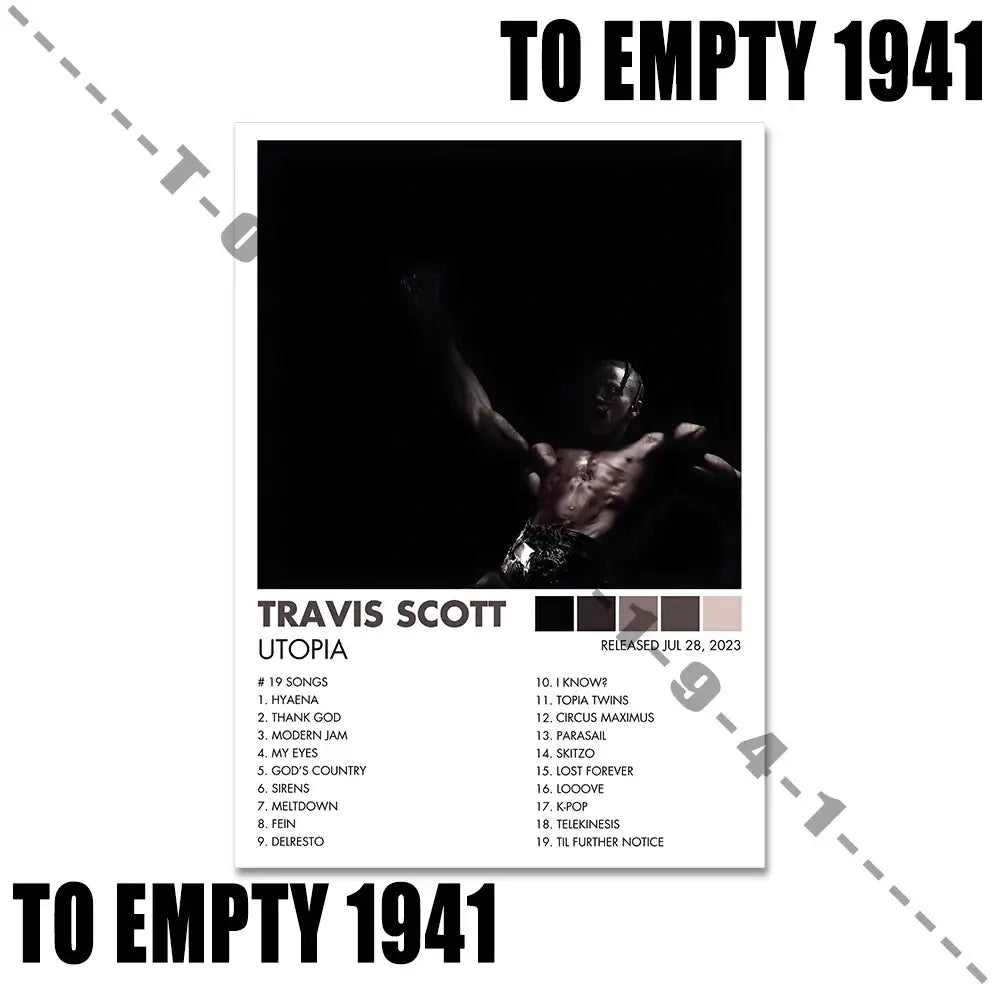 Black and white travis scott utopia album covers poster featuring a dramatic artist silhouette for DecorBites™ collection