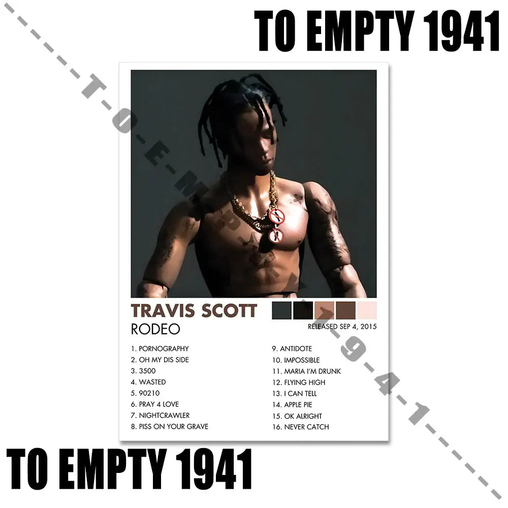 Decorbites music album covers poster set featuring travis scott rodeo black and white photo with tracklist on white background