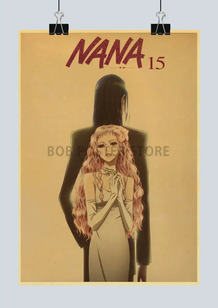 Vintage-style sepia nana anime kraft poster featuring two characters in black and light attire for nostalgic cafe decor