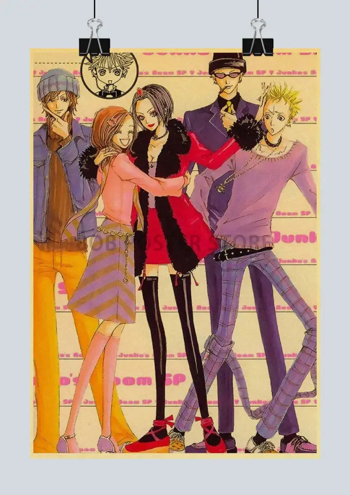 DecorBites™ nana anime kraft poster featuring five colorful characters in fashionable outfits against a patterned background