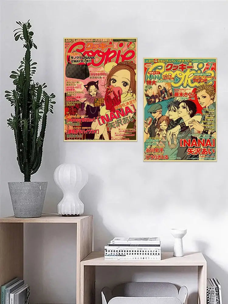 Two vibrant vintage-style nana anime kraft posters with colorful artwork and bold Japanese text from DecorBites™ Retro 2021 design