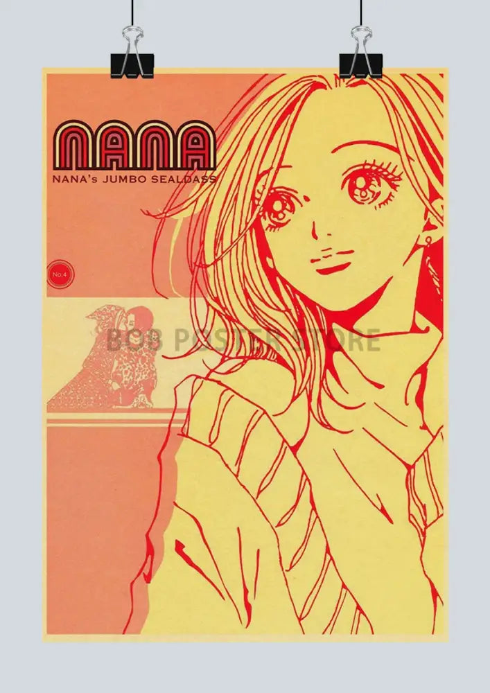 A vibrant orange and red nana anime kraft poster featuring a stylized girl with long hair in a striped top