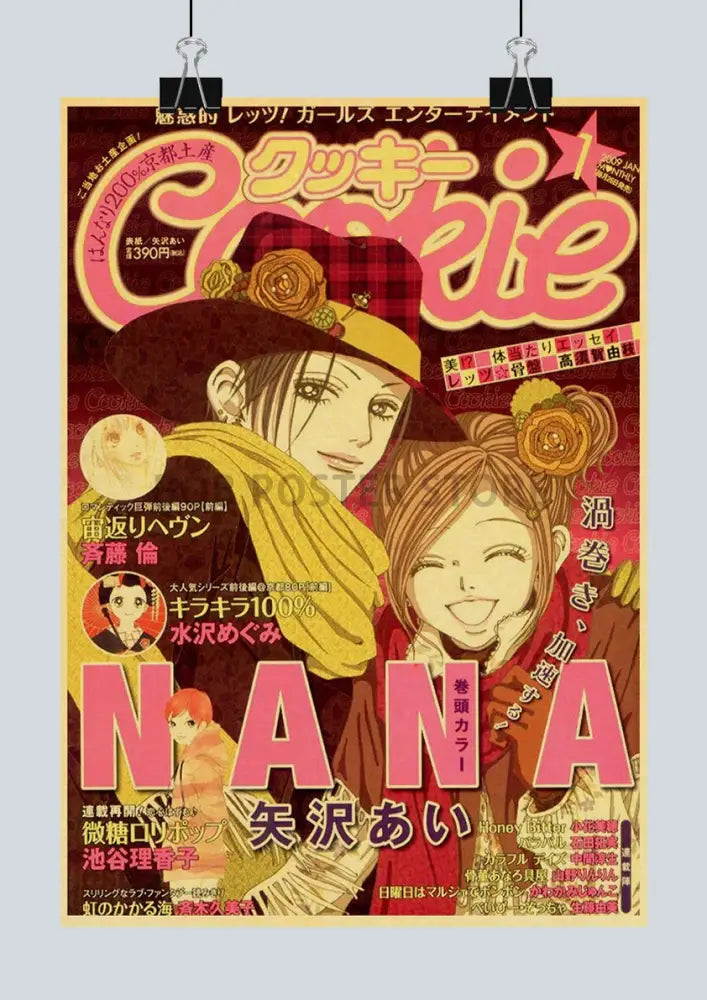Vibrant red and yellow nana anime kraft poster featuring two anime girls with floral headpieces and bold pink lettering