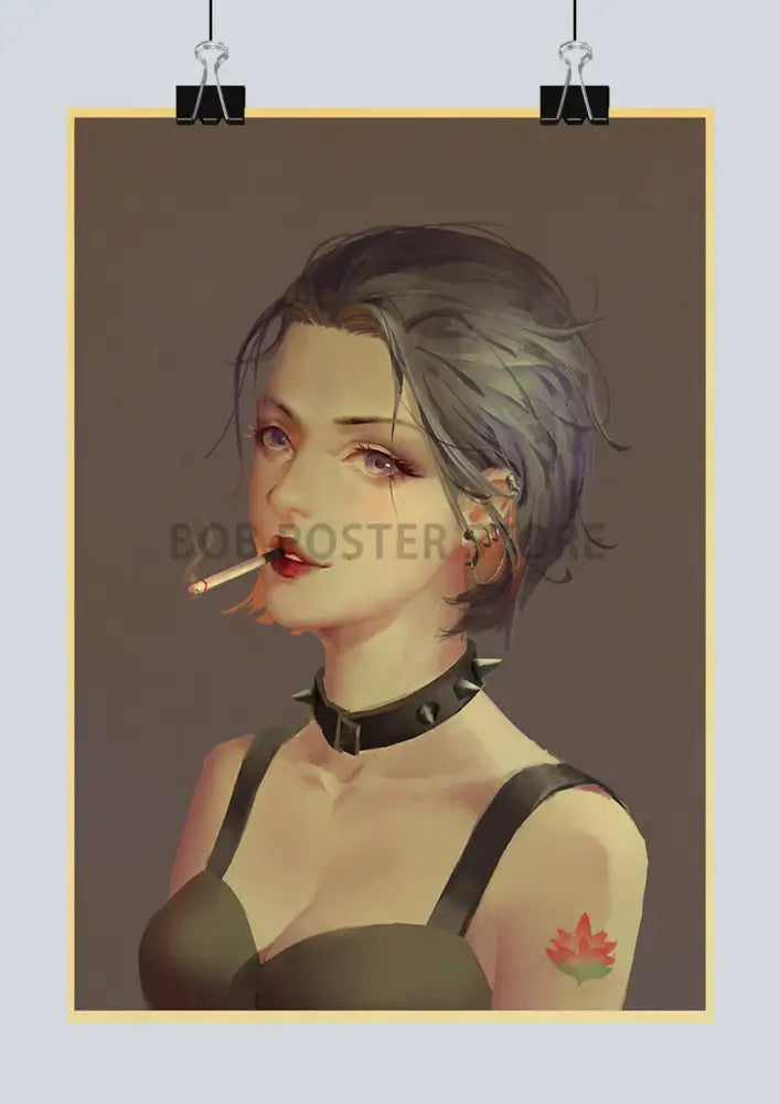 A digital art poster of a woman with gray hair holding a cigarette in a retro kraft nana anime poster design