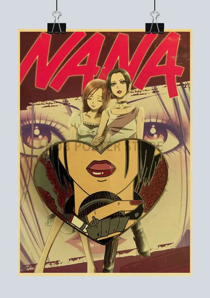 Heart-shaped enamel pin with bold red lips and black hair set against a retro kraft nana anime posters backdrop