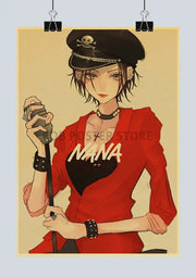 Red and black nana anime poster featuring a character in a skull cap holding a cane on retro kraft material