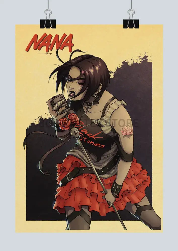 Stylized poster of dark-haired anime character in red skirt holding roses and sword on retro kraft paper by decorbites