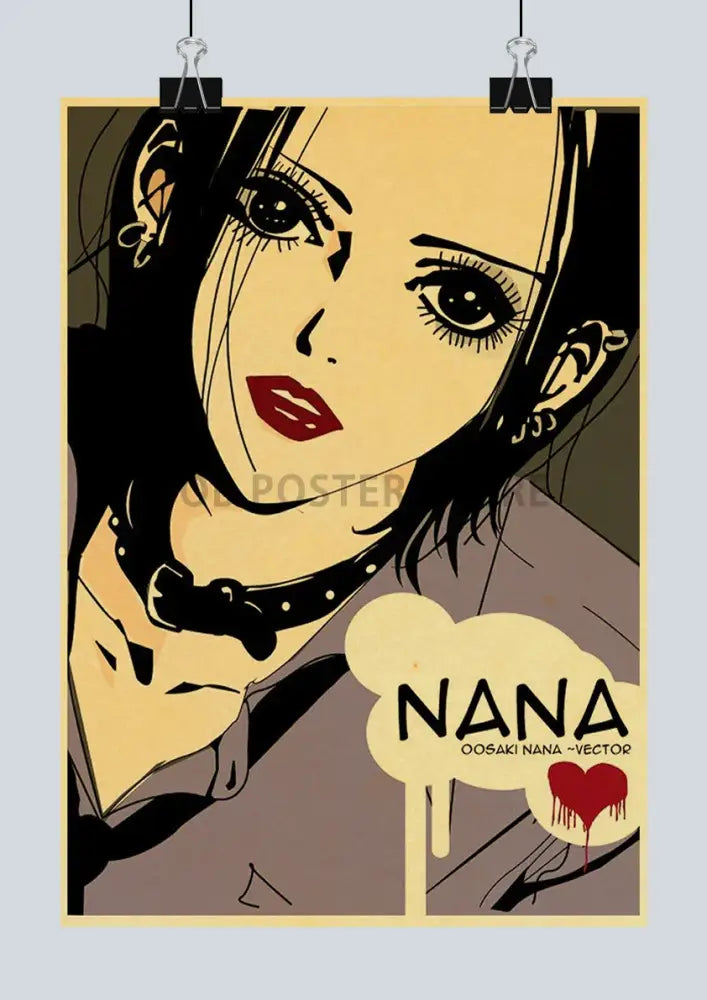 A stylized woman with black hair and red lips in bold yellow and brown tones on a retro kraft paper poster by decorbites