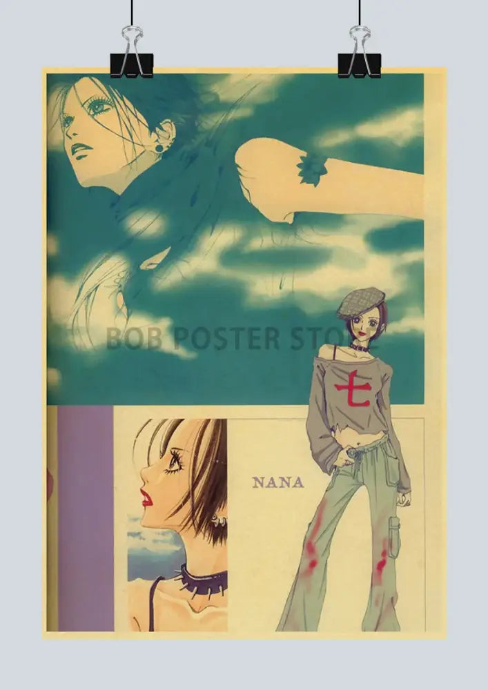 Vintage-style nana anime poster on retro kraft paper featuring stylized teal beige and red illustrations DecorBites™ 2021 arrivals
