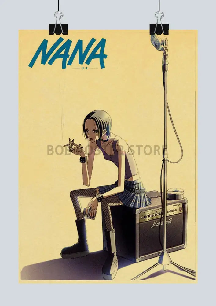 Vintage-style nana anime poster in retro kraft paper featuring punk outfit with marshall amplifier and microphone design
