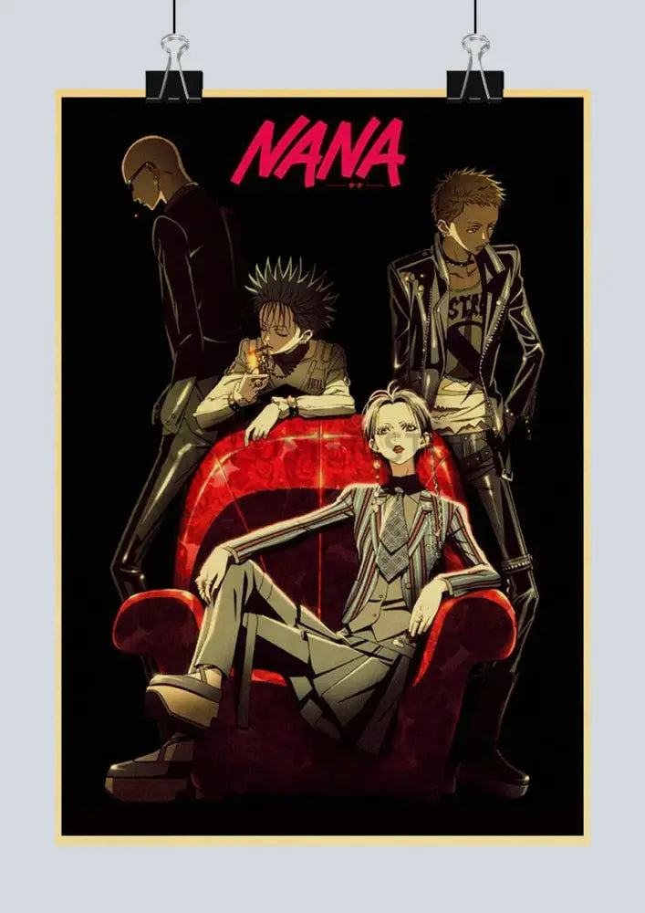 Black decorate poster featuring four stylized nana anime characters in dark outfits on a retro kraft paper background