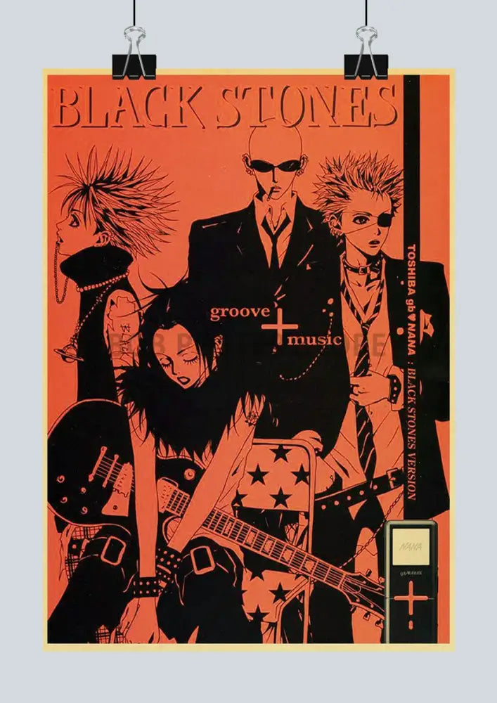 Orange DecorBites™ NANA anime poster featuring black line art punk rock band on retro kraft paper, 2021 arrivals