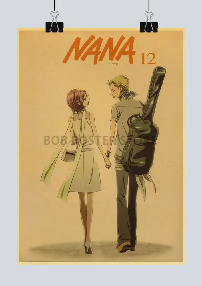 Vintage-style kraft paper sticker featuring nana anime posters with a male companion carrying a guitar case