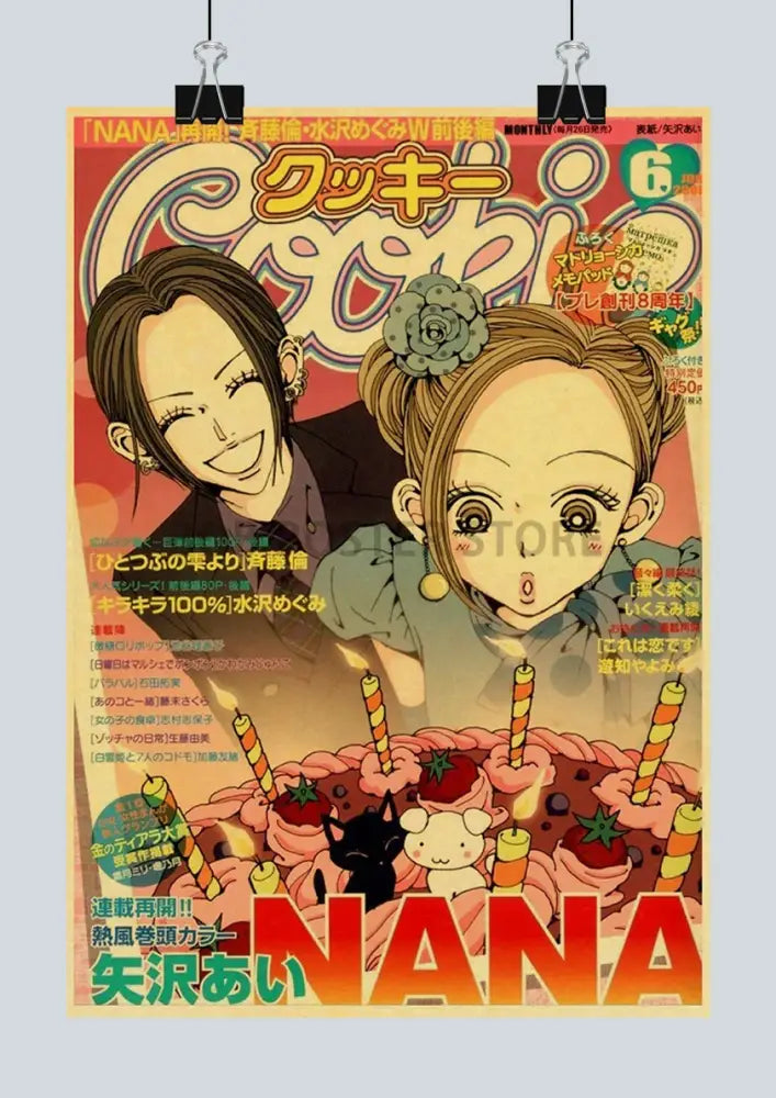 Vibrant orange and pink kraft paper sticker of nana anime posters featuring two characters with a birthday cake design