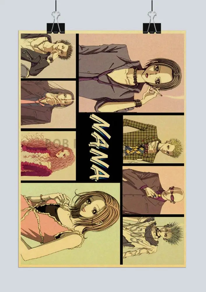 Vintage-style nana anime posters kraft paper sticker featuring sepia-toned stylized anime characters in retro design