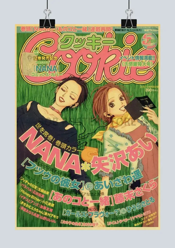 Vibrant green kraft paper sticker featuring two anime-style women and bold text for nana anime posters by DecorBites™