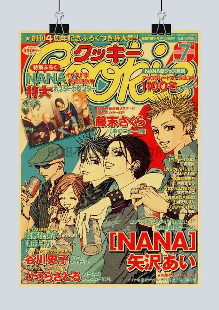 Vibrant yellow and red nana anime posters featuring character illustrations on kraft paper sticker by decorbites
