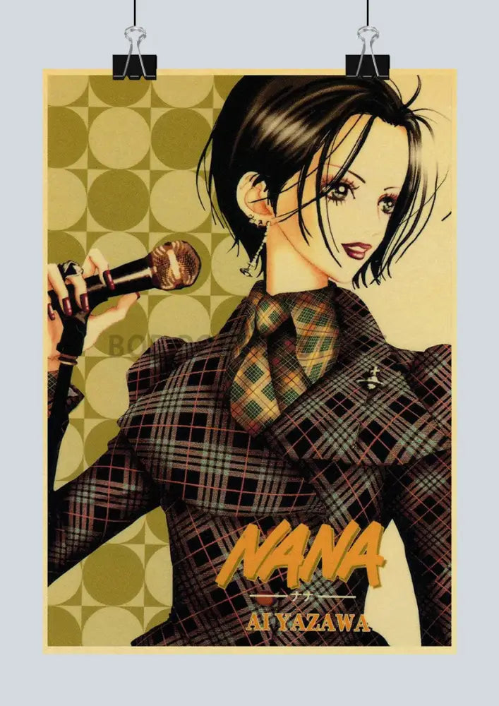 Vintage-style kraft paper sticker of nana anime posters featuring an anime character in a plaid suit holding a microphone