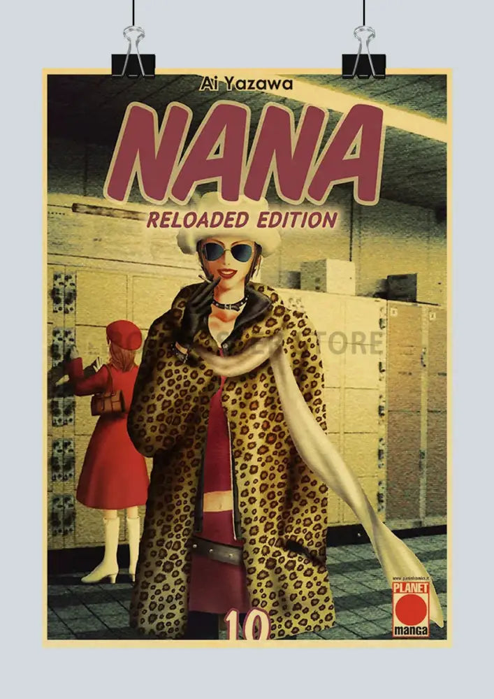 A vintage-style nana anime poster featuring a woman in leopard-print coat on a kraft paper sticker