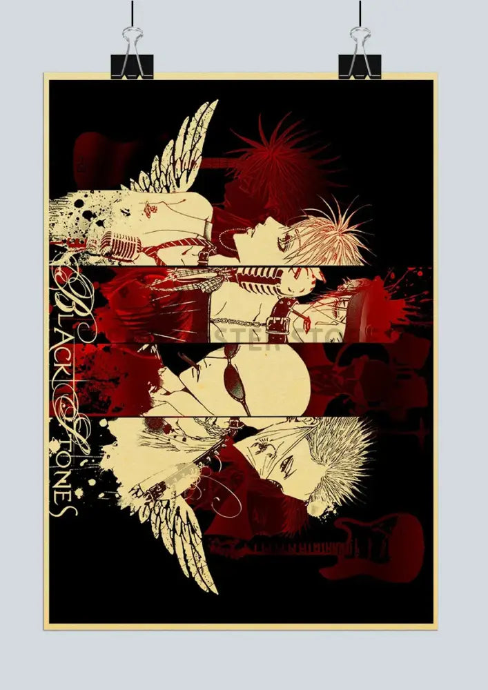 Black and red winged characters on distressed kraft paper sticker in nana anime posters by decorbites for retro style decor