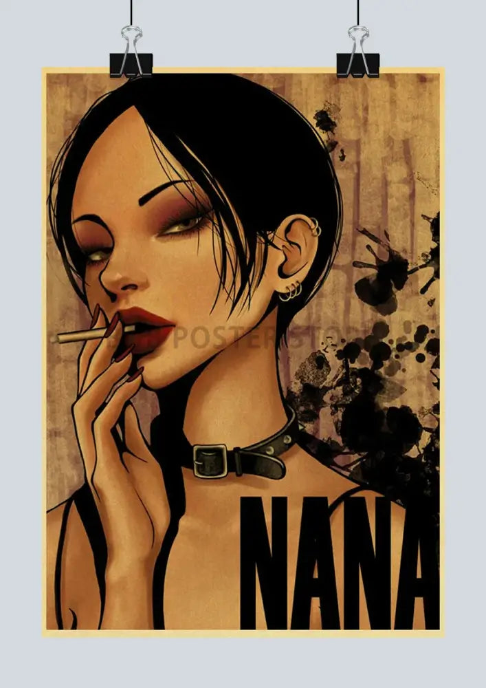Vintage-style nana anime poster depicting a woman with dark hair and red lips on kraft paper sticker background