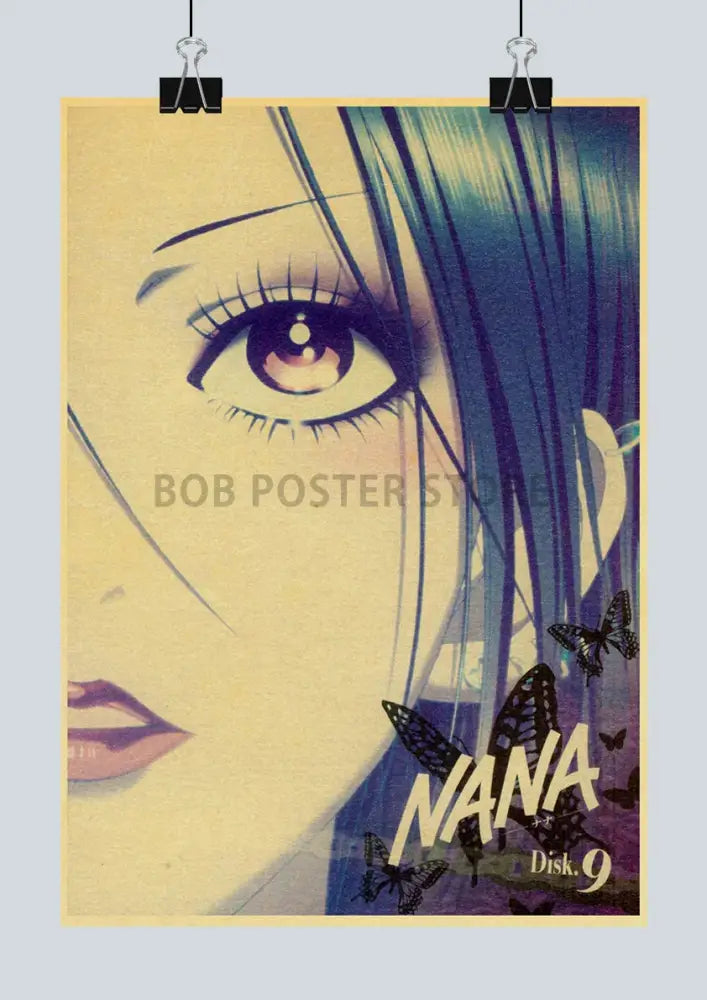 Vintage-style nana anime poster featuring blue hair and butterflies printed on kraft paper sticker by DecorBites™