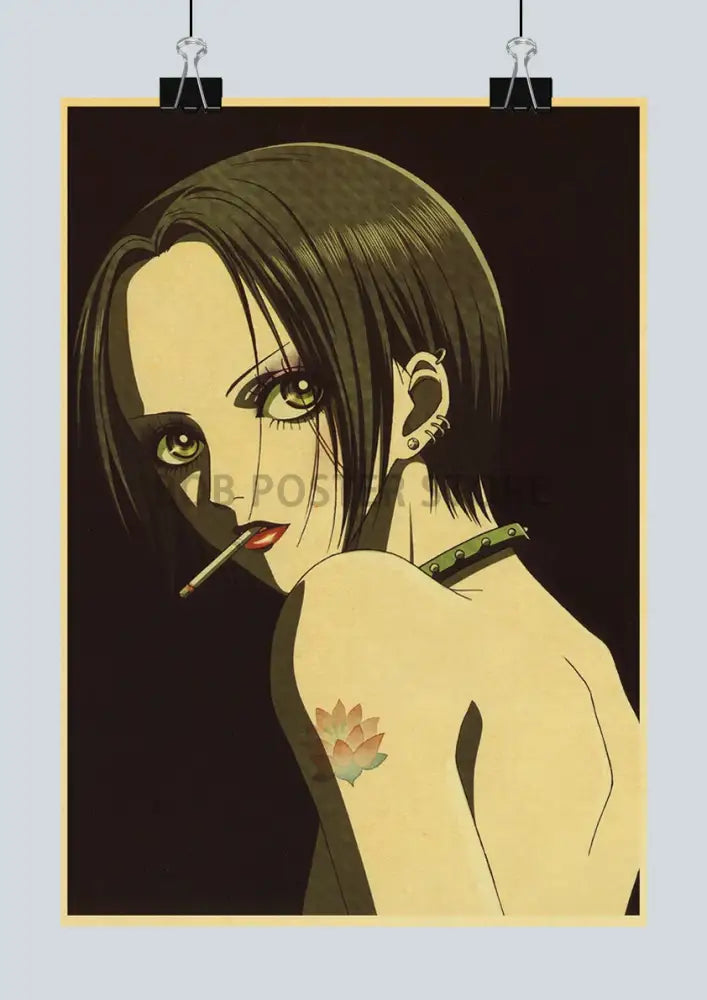 Vintage-style nana anime poster featuring character with short dark hair holding cigarette on kraft paper sticker