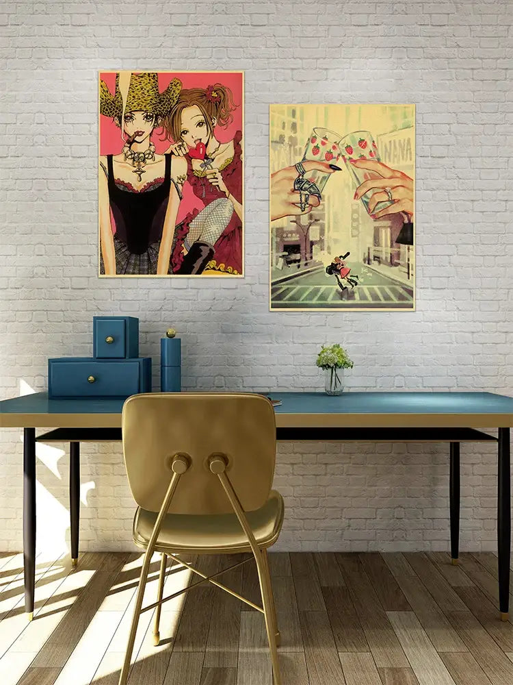 Gold metal chair with cushioned seat and backrest shown alongside decorbites™ nana anime posters kraft paper sticker