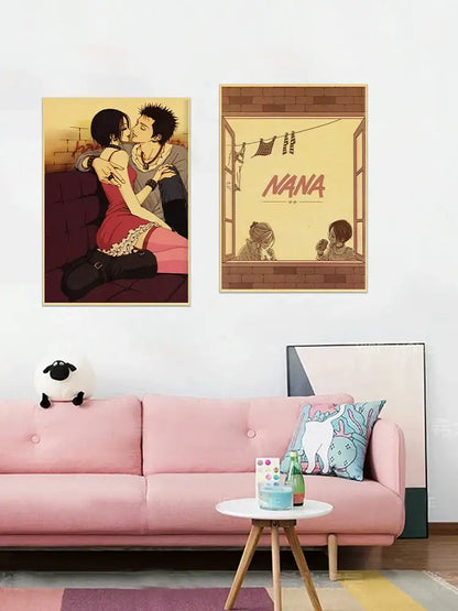 Pink tufted sofa with a sheep plush toy on left armrest beside decorbites™ nana anime posters kraft paper sticker