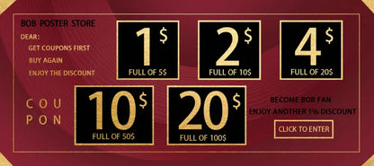 Red promotional coupon with gold discount amounts on black squares for decorbites nana anime retro nostalgic wall decor poster