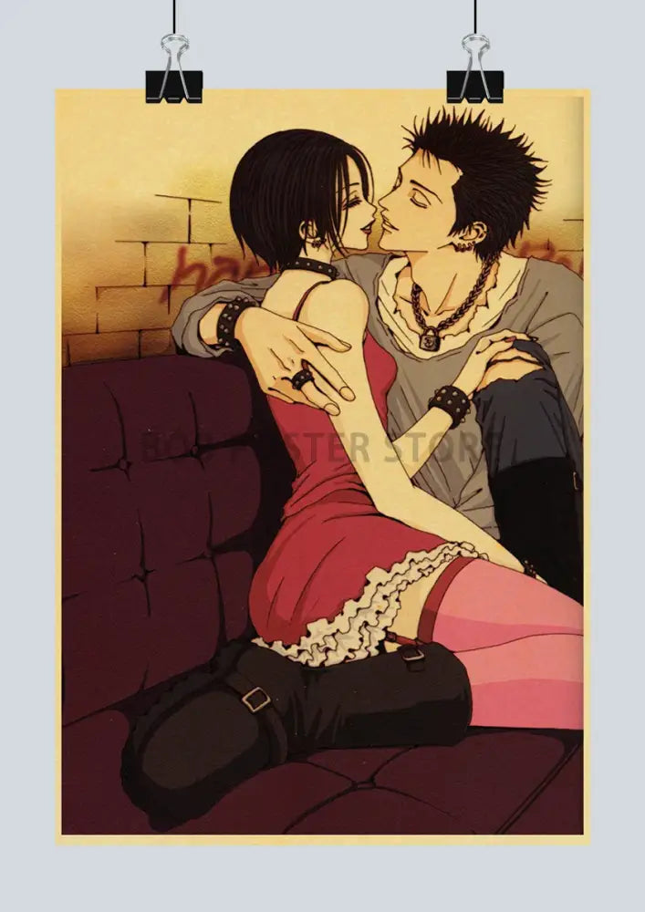 A vintage nana anime retro poster featuring a romantic anime couple with the woman in a red dress and pink stockings