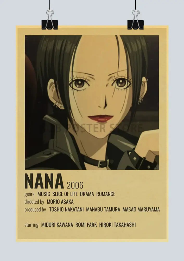 Vintage-style nana anime retro poster featuring two characters in stylish coats with a retro-toned backdrop