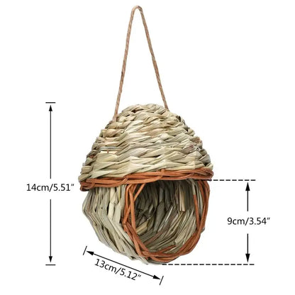 Decorbites™ natural grass bird cage with handwoven straw roof and brown wicker base style birds nest for outdoor decor
