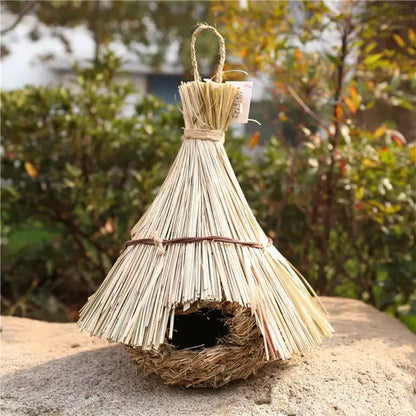 DecorBites™ natural grass handwoven bird cage with conical roof and rustic twine binding for style birds nest