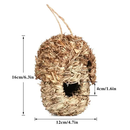 DecorBites natural grass bird cage in rustic color with woven straw and hanging loop for outdoor style birds nest decor